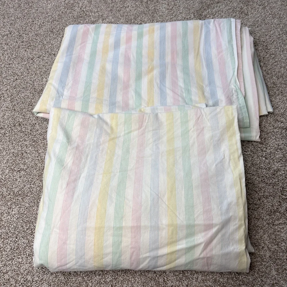 Vtg Fieldcrest Twin Flat Fitted Sheet Set Pastel Candy Stripe‎ Mitered Corners